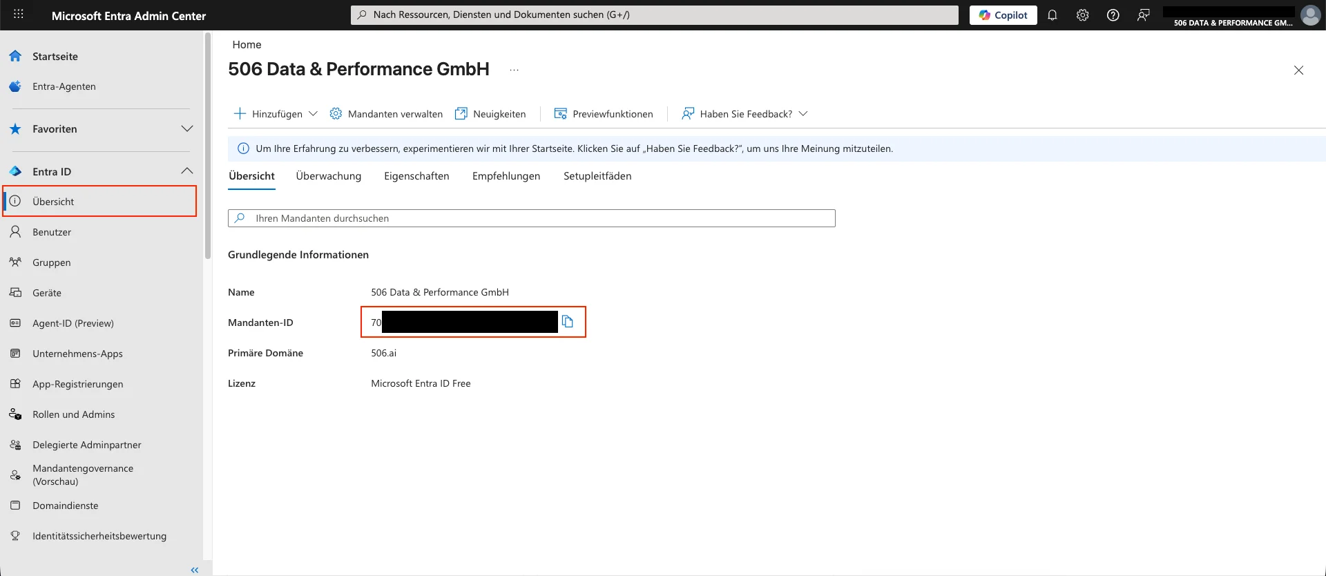 506.ai Helpcenter SSO 1 Microsoft Entra ID Mandanten-ID bereitstellen