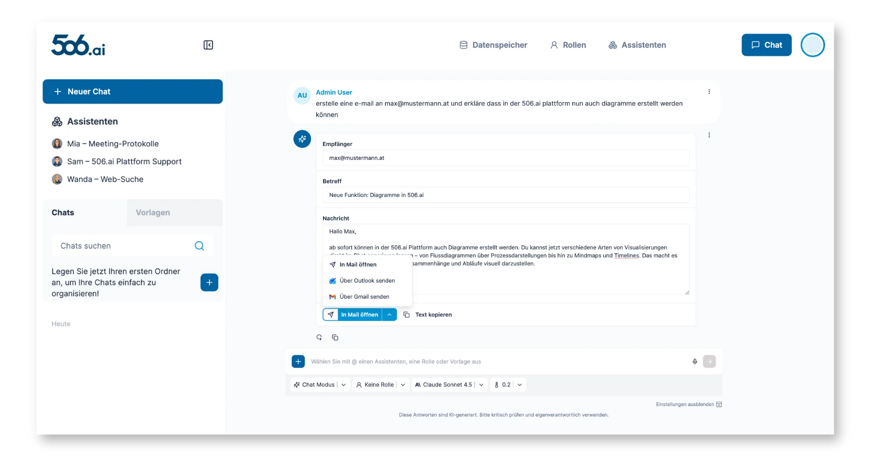 E-Mail-Entwurf mit editierbaren Feldern und Buttons für Mail, Outlook und Gmail