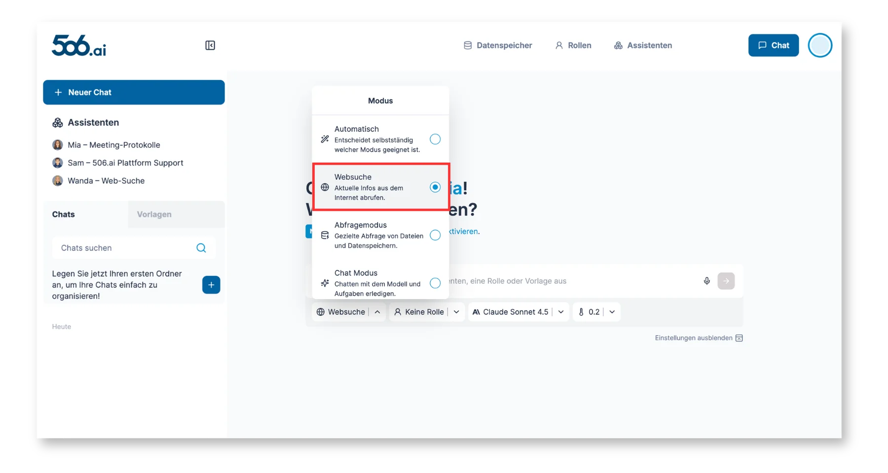 Websuche-Modus in der Chatbar ausgewählt