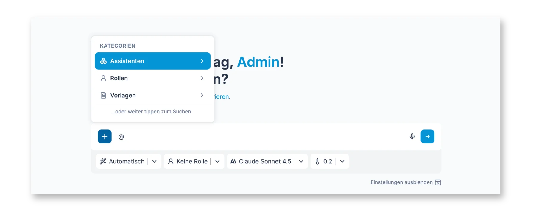 @-Menü im Chat-Eingabefeld mit Assistenten, Rollen und Vorlagen