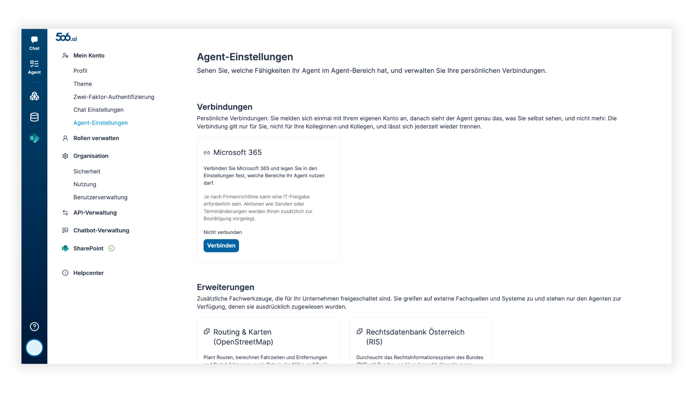 Agent-Einstellungen mit Verbindungen, Erweiterungen und Basis-Fähigkeiten