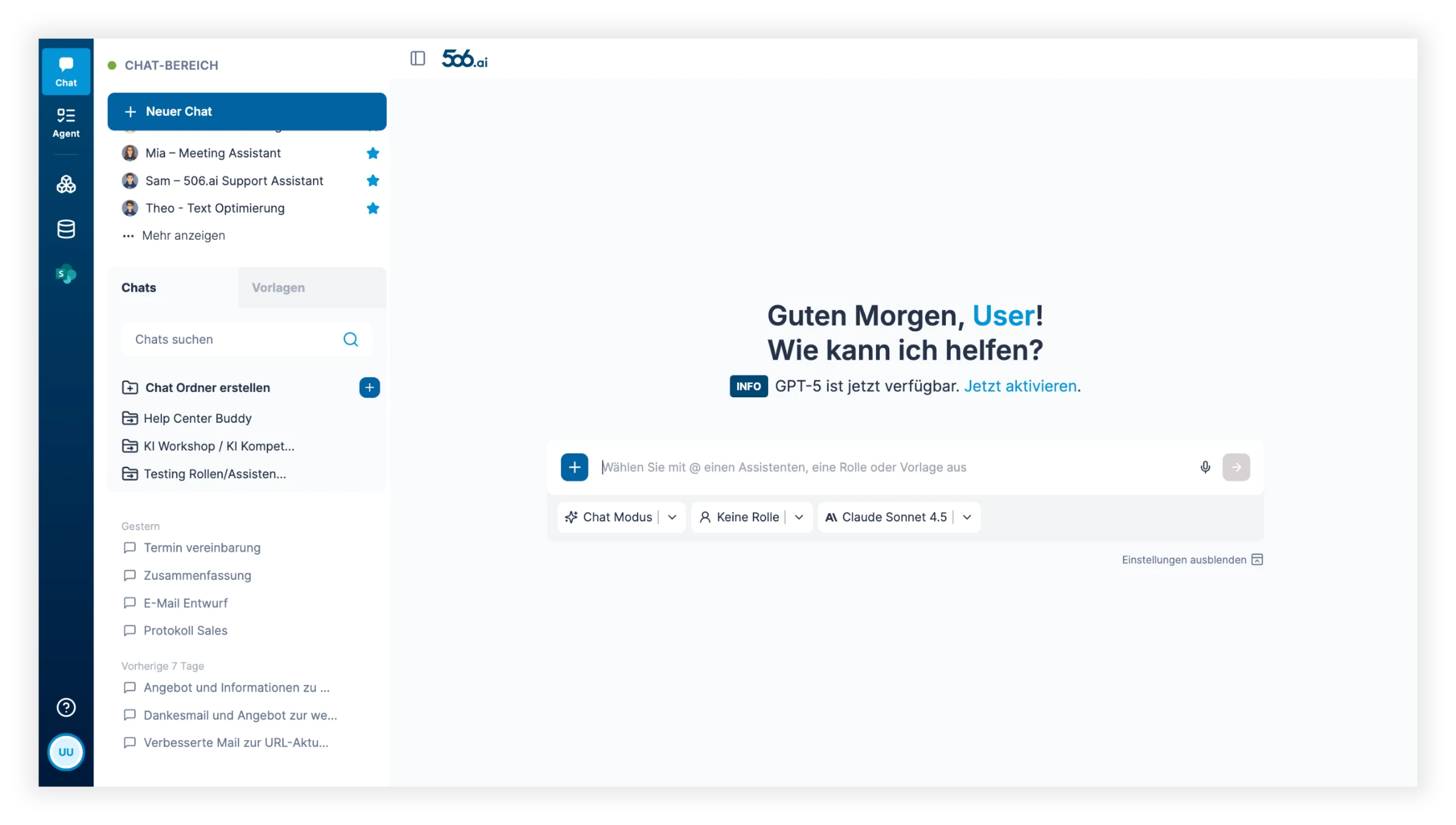 Der Chat-Bereich der neuen 506.ai Oberfläche