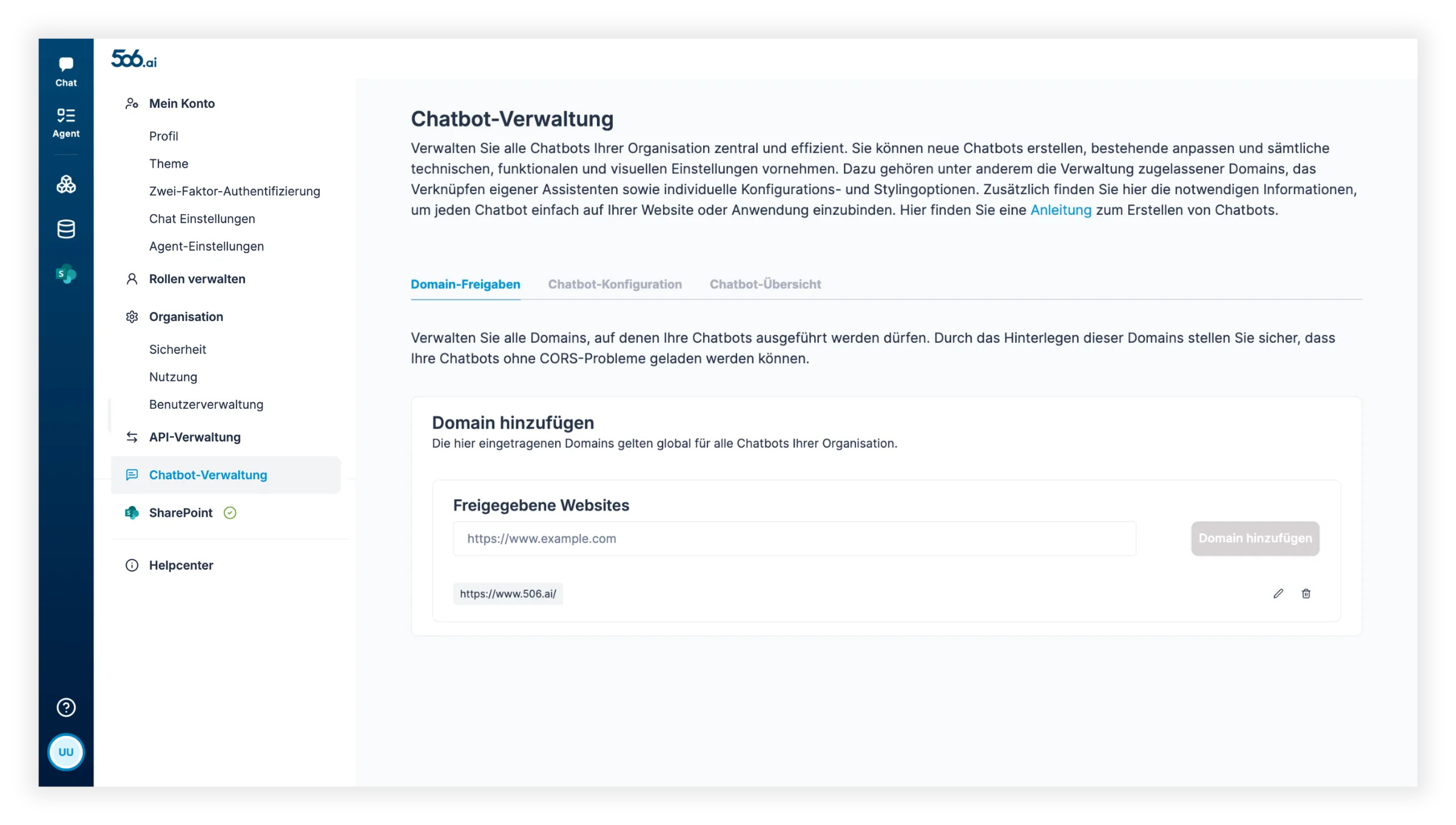 Domain Einstellung in der Chatbot-Verwaltung