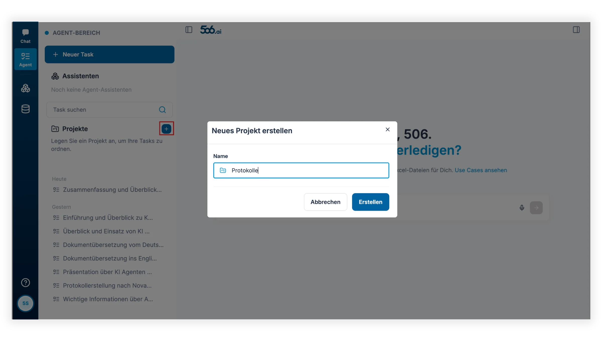 Neues Projekt im Agent-Bereich erstellen