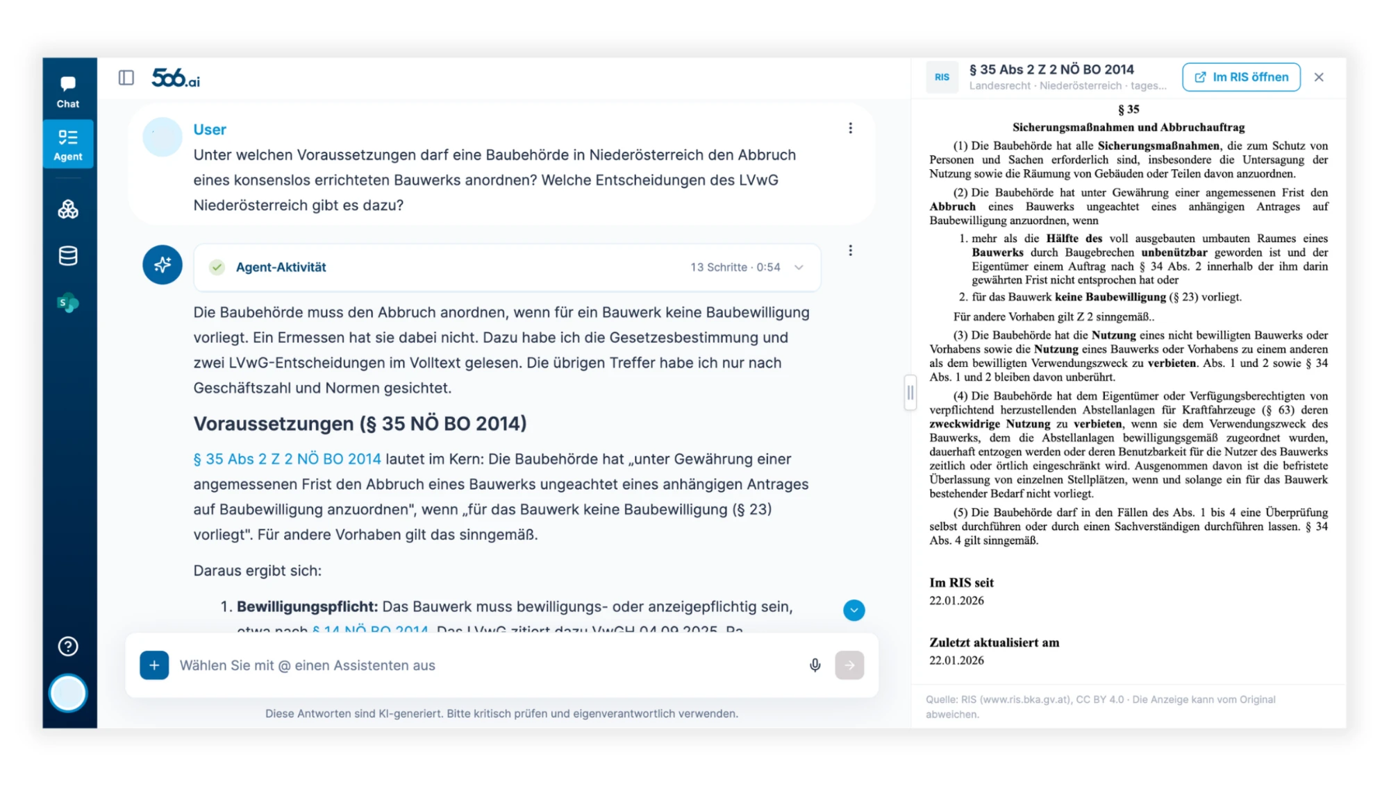RIS-Skill: Antwort des Agenten links, geöffnete Rechtsquelle mit „Im RIS öffnen“ im Panel rechts