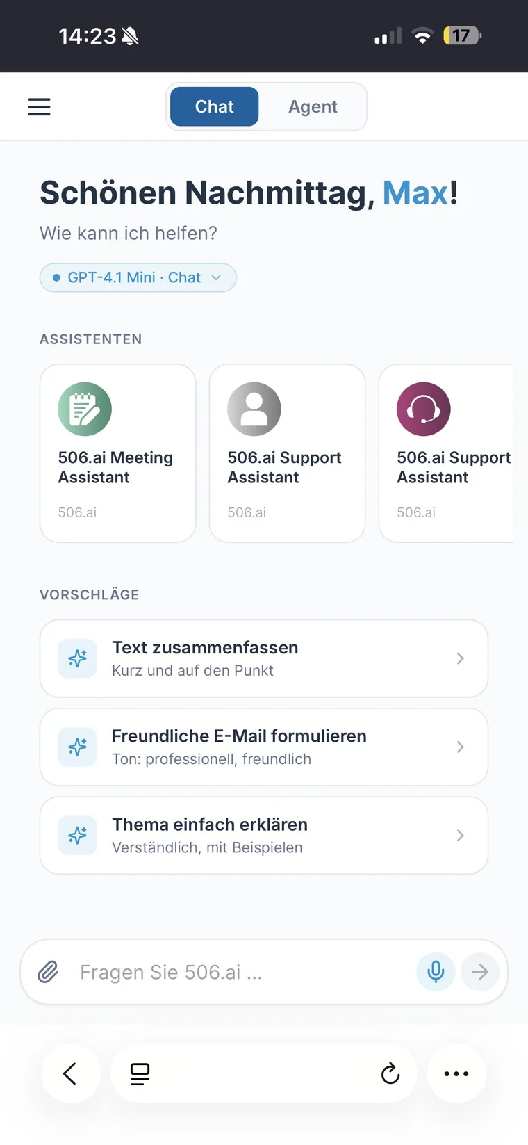 506.ai Mobile App – Startbildschirm
